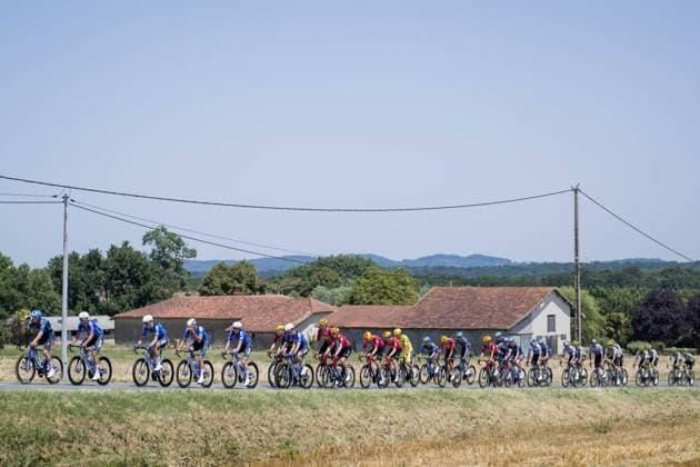 The pack of riders pictured in action during stage 5 of the 2026 Tour de France cycling race, a stage of 158km from Lannemezan to Pau, on Wednesday 8 July 2026. The 113th edition of the Tour de France starts on Saturday 4 July in Barcelona, Spain, and will finish in Paris, France on the 26th of July. JASPERxJACOBS  x180723117x