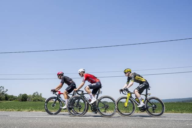 Austrian Marco Haller of Tudor Pro Cycling Team; Belgian Jenno Berckmoes of Lotto Intermarche and Norwegian Per Strand Hagenes of Team Visma-Lease a Bike pictured in action during stage 5 of the 2026 Tour de France cycling race, a stage of 158km from Lannemezan to Pau, on Wednesday 8 July 2026. The 113th edition of the Tour de France starts on Saturday 4 July in Barcelona, Spain, and will finish in Paris, France on the 26th of July. DAVIDxPINTENS  x180723734x