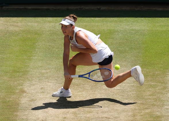 RECORD DATE NOT STATED 8th July 2026; All England Lawn Tennis and Croquet Club, London, England; Wimbledon Tennis Tournament, Day Ten; Linda Noskova (CZE) with a forehand shot to Elise Mertens (BEL) JohnxPatrickxFletcher