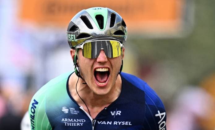 Dutch Olav Kooij of Decathlon CMA CGM Team celebrates as he crosses the finish line to win stage 5 of the 2026 Tour de France cycling race, a stage of 158km from Lannemezan to Pau, on Wednesday 08 July 2026. The 113th edition of the Tour de France starts on Saturday 4 July in Barcelona, Spain, and will finish in Paris, France on the 26th of July. JASPERxJACOBS  x180728355x
