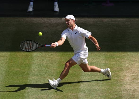 RECORD DATE NOT STATED 8th July 2026; All England Lawn Tennis and Croquet Club, London, England; Wimbledon Tennis Tournament, Day Ten; Arthur Fery (GBR) with a forehand shot to Flavio Cobolli (ITA) JohnxPatrickxFletcher