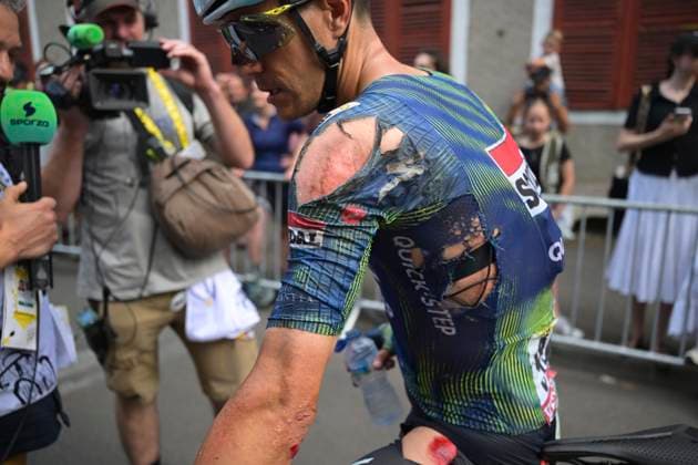 Tour de France 2026 Stage 5 PAU, FRANCE - JULY 08 : crash of Stuyven Jasper (BEL) of Soudal Quick-Step during stage 5 of the 113rd edition of Tour de France an UCI World Tour 2.UWT cycling road race stage for Men Elite of 158 km with start in Lannemezan and finish in Pau on July 8, 2026 in Pau, France, 08 07 2026 Pau France  Copyright: xDavidxPintensx