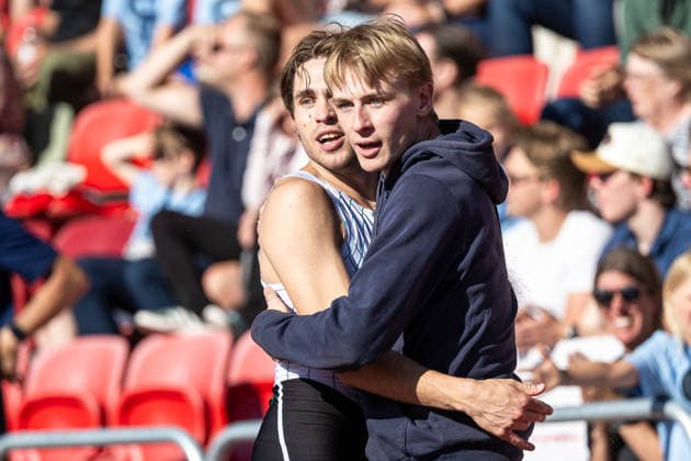 260708 Niklas Wall Hammarby IF och Samuel Ekelund IF Göta Karlstad jublar efter herrarnas längdhopp under friidrottstävlingen Folksam Grand Prix den 8 juli 2026 i Karlstad. *** July 8, 2026: Niklas Wall of Hammarby IF and Samuel Ekelund of IF Göta Karlstad celebrate after the men’s long jump at the Folksam Grand Prix track and field meet on July 8, 2026, in Karlstad  Copyright: FREDRIKxKARLSSON BB260708FK029