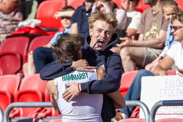 260708 Niklas Wall Hammarby IF och Samuel Ekelund IF Göta Karlstad jublar efter herrarnas längdhopp under friidrottstävlingen Folksam Grand Prix den 8 juli 2026 i Karlstad. *** July 8, 2026: Niklas Wall of Hammarby IF and Samuel Ekelund of IF Göta Karlstad celebrate after the men’s long jump at the Folksam Grand Prix track and field meet on July 8, 2026, in Karlstad  Copyright: FREDRIKxKARLSSON BB260708FK030