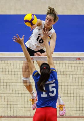 WomenÕs Volleyball Nations League - Belgrade 2026 Germany s Leana Grozer spikes the ball against Czech Republic s Magdalena Jehlarova during the WomenÕs Volleyball Nations League Pool 7 match between France v Netherlands at Belgrade Arena on July 08, 2026 in Belgrade, Serbia. Belgrade Serbia Copyright: xSrdjanxStevanovicx x