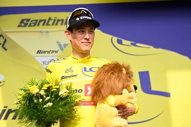 Tour de France 2026 Stage 5 PAU, FRANCE - JULY 08 : Traeen Torstein (NOR) of Uno-X Mobility pictured with the yellow jersey during the podium ceremony of stage 5 of the 113rd edition of Tour de France an UCI World Tour 2.UWT cycling road race stage for Men Elite of 158 km with start in Lannemezan and finish in Pau on July 8, 2026 in Pau, France, 08 07 2026 Pau France  Copyright: xTomasxSiskx