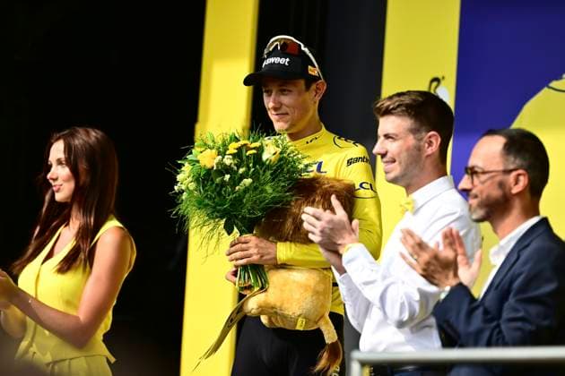 Tour de France 2026 Stage 5 PAU, FRANCE - JULY 08 : Traeen Torstein (NOR) of Uno-X Mobility pictured with the yellow jersey during the podium ceremony of stage 5 of the 113rd edition of Tour de France an UCI World Tour 2.UWT cycling road race stage for Men Elite of 158 km with start in Lannemezan and finish in Pau on July 8, 2026 in Pau, France, 08 07 2026 Pau France  Copyright: xPeterxDexVoechtx