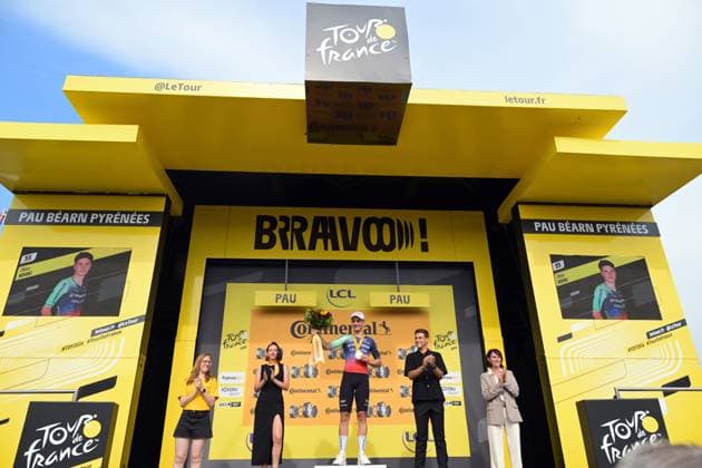 Dutch Olav Kooij of Decathlon CMA CGM Team celebrates on the podium after winning stage 5 of the 2026 Tour de France cycling race, a stage of 158km from Lannemezan to Pau, on Wednesday 08 July 2026. The 113th edition of the Tour de France starts on Saturday 4 July in Barcelona, Spain, and will finish in Paris, France on the 26th of July. DAVIDxPINTENS  x180729601x