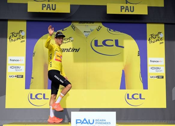 Norwegian Torstein Traeen of Uno-X Mobility celebrates on the podium in the yellow jersey of leader in the overall ranking after stage 5 of the 2026 Tour de France cycling race, a stage of 158km from Lannemezan to Pau, on Wednesday 08 July 2026. The 113th edition of the Tour de France starts on Saturday 4 July in Barcelona, Spain, and will finish in Paris, France on the 26th of July. DAVIDxPINTENS  x180729820x