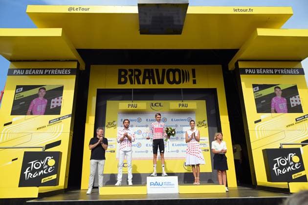 French Alex Baudin of EF Education-EasyPost celebrates on the podium in the red polka-dot jersey for best climber after stage 5 of the 2026 Tour de France cycling race, a stage of 158km from Lannemezan to Pau, on Wednesday 08 July 2026. The 113th edition of the Tour de France starts on Saturday 4 July in Barcelona, Spain, and will finish in Paris, France on the 26th of July. DAVIDxPINTENS  x180729884x