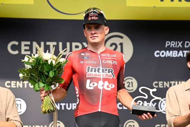 Tour de France 2026 Stage 5 PAU, FRANCE - JULY 08 : Veistroffer Baptiste (FRA) of Lotto - Intermarche pictured with the combativity prize during the podium ceremony of stage 5 of the 113rd edition of Tour de France an UCI World Tour 2.UWT cycling road race stage for Men Elite of 158 km with start in Lannemezan and finish in Pau on July 8, 2026 in Pau, France, 08 07 2026 Pau France  Copyright: xTomasxSiskx