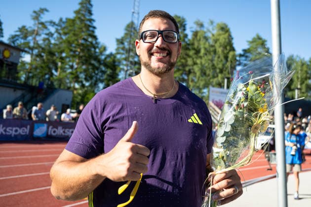 260708 Kristjan Äaeh Slovenia jublar efter herrarnas diskus under friidrottstävlingen Folksam Grand Prix den 8 juli 2026 i Karlstad. *** July 8, 2026: Kristjan Äaeh of Slovenia celebrates after the men s discus throw at the Folksam Grand Prix track and field meet on July 8, 2026, in Karlstad  Copyright: FREDRIKxKARLSSON BB260708FK035