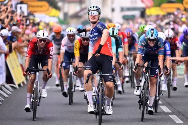 Tour de France 2026 Stage 5 PAU, FRANCE - JULY 08 : Kooij Olav (NED) of Decathlon CMA CGM Team wins,second place for Kanter Max (GER) of XDS Astana Team, third place for Merlier Tim (BEL) of Soudal Quick-Step during stage 5 of the 113rd edition of Tour de France an UCI World Tour 2.UWT cycling road race stage for Men Elite of 158 km with start in Lannemezan and finish in Pau on July 8, 2026 in Pau, France, 08 07 2026 Pau France  Copyright: xTomasxSiskx