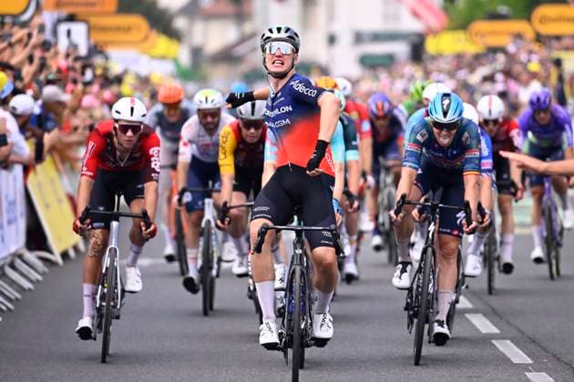 Tour de France 2026 Stage 5 PAU, FRANCE - JULY 08 : Kooij Olav (NED) of Decathlon CMA CGM Team wins,second place for Kanter Max (GER) of XDS Astana Team, third place for Merlier Tim (BEL) of Soudal Quick-Step during stage 5 of the 113rd edition of Tour de France an UCI World Tour 2.UWT cycling road race stage for Men Elite of 158 km with start in Lannemezan and finish in Pau on July 8, 2026 in Pau, France, 08 07 2026 Pau France  Copyright: xTomasxSiskx