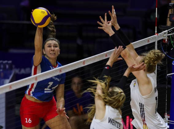 Women™s Volleyball Nations League - Belgrade 2026 Czech Republic s Michaela Mlejnkova spikes the ball against Germany s Camilla Weitzel and Germany s Emilia Weske during the Women™s Volleyball Nations League Pool 7 match between France v Netherlands at Belgrade Arena on July 08, 2026 in Belgrade, Serbia. Belgrade Serbia Copyright: xSrdjanxStevanovicx x