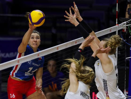 Women™s Volleyball Nations League - Belgrade 2026 Czech Republic s Michaela Mlejnkova spikes the ball against Germany s Camilla Weitzel and Germany s Emilia Weske during the Women™s Volleyball Nations League Pool 7 match between France v Netherlands at Belgrade Arena on July 08, 2026 in Belgrade, Serbia. Belgrade Serbia Copyright: xSrdjanxStevanovicx x