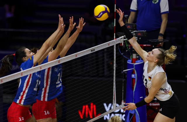 WomenÕs Volleyball Nations League - Belgrade 2026 Germany s Emilia Weske spikes the ball against Czech Republic s Michaela Mlejnkova and Czech Republic s Michaela Mlejnkova during the WomenÕs Volleyball Nations League Pool 7 match between France v Netherlands at Belgrade Arena on July 08, 2026 in Belgrade, Serbia. Belgrade Serbia Copyright: xSrdjanxStevanovicx x