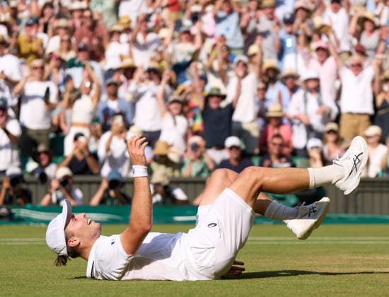 2026 Wimbledon, July 08, Quarterfinal LONDON, - JULY 8: Arthur Fery of Great Britain celebrates match point against Flavio Cobolli of Italy during the 2026 Wimbledon, July 08, Quarterfinal at The all England club, Wimbledon on July 8, 2026 in London, GBR. London The all England club, Wimbledon GBR Copyright: xPeterxvanxdenxBerg ISIxPhotosx 9471