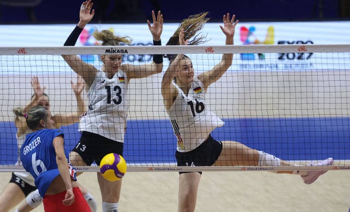 08.07.2026 Belgrade(Serbia) Czechia Czech Republic-Germany Nations League women s volleyball Emilia Weske(C),Anastasia Cekulaev(r) Germany stopped Helena Grozer(L) Czechia Czech Republic :