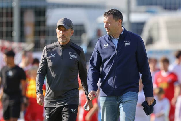 08.07.2026, xtgx, Fussball Testspiel, SV Lichtenberg 47 - Hertha BSC Berlin emspor, v.l. Stefan Leitl (Hertha, Trainer) Benjamin Weber (Hertha, Sportdirektor) (DFL DFB REGULATIONS PROHIBIT ANY USE OF PHOTOGRAPHS as IMAGE SEQUENCES and or QUASI-VIDEO) Berlin *** July 8, 2026, xtgx, soccer exhibition match, SV Lichtenberg 47 vs. Hertha BSC Berlin (emspor), from left: Stefan Leitl (Hertha), Coach Benjamin Weber (Hertha), Sports Director. DFL and DFB regulations prohibit any use of photographs as image sequences and or quasi-video in Berlin.