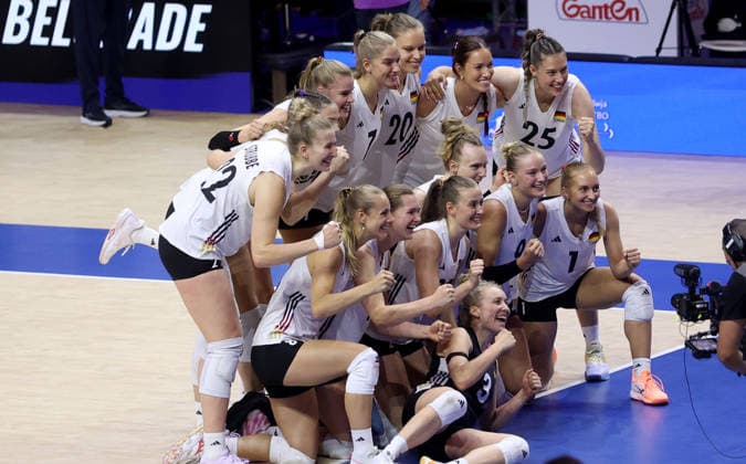 08.07.2026 Belgrade(Serbia) Czechia Czech Republic-Germany Nations League women s volleyball Germany team celebrate victory :