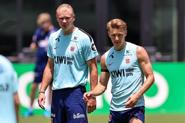 FT LAUDERDALE, FL - JULY 08: Erling Haaland 9 and Martin Odegaard 10 of Norway attend a training session in preparation for a FIFA World Cup, WM, Weltmeisterschaft, Fussball 26 Quarter-Final game between Norway and England on July 8, 2026 at at the Inter Miami CF Stadium, Fort Lauderdale, Florida.(Photo by Chris Arjoon) SOCCER: JUL 08 FIFA World Cup 26 - Norway Training EDITORIAL USE ONLY Icon26070800000022