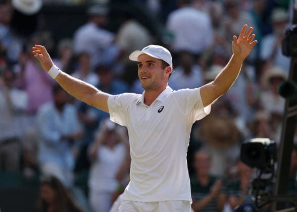 RECORD DATE NOT STATED 8th July 2026; All England Lawn Tennis and Croquet Club, London, England; Wimbledon Tennis Tournament, Day Ten; Arthur Fery (GBR) celebrates following victory over Flavio Cobolli (ITA) to reach the Gentlemens Semi Final for the first time as a wild card JohnxPatrickxFletcher