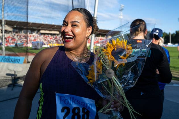 260708 Vanessa Kamga Hässelby SK jublar efter segern i damernas diskus under friidrottstävlingen Folksam Grand Prix den 8 juli 2026 i Karlstad. *** July 8, 2026: Vanessa Kamga of Hässelby SK celebrates her victory in the women’s discus throw at the Folksam Grand Prix track and field meet in Karlstad  Copyright: FREDRIKxKARLSSON BB260708FK082