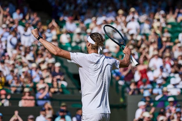 July 8, 2026, London, London, Great Britain: Alexander Zverev of Germany reacts after the match point, celebrates the win of the match during The Championships Wimbledon , 8.7.2026 in London (All England Lawn Tennis and Croquet Club), Great Britain Tennis 2026: Grand Slam: The Championships Wimbledon: 10th Day: Quarterfinal: ZVEREV 6:4 6:4 6:2 FRITZ  - ZUMAs343 20260708_zsp_s343_108 Copyright: xMathiasxSchulzx