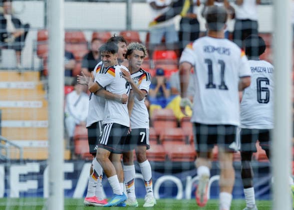 Wrexham, Wales, 8th July 2026. Otto Stange of Germany celebrates scoring their sides first goal during the Ukraine U19 vs Germany U19 UEFA European U19 Championship match at The Racecourse, Wrexham. Picture credit should read: Cody Froggatt Sportimage EDITORIAL USE ONLY. No use with unauthorised audio, video, data, fixture lists, club league logos or live services. Online in-match use limited to 120 images, no video emulation. No use in betting, games or single club league player publications. SPI_026_CF_UKRAINE_U19_V_GERMANY_U19 SPI-4857-0025