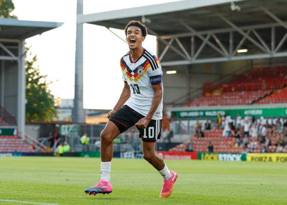 Wrexham, Wales, 8th July 2026. Francis Onyeka of Germany celebrates scoring their sides second goal during the Ukraine U19 vs Germany U19 UEFA European U19 Championship match at The Racecourse, Wrexham. Picture credit should read: Cody Froggatt Sportimage EDITORIAL USE ONLY. No use with unauthorised audio, video, data, fixture lists, club league logos or live services. Online in-match use limited to 120 images, no video emulation. No use in betting, games or single club league player publications. SPI_036_CF_UKRAINE_U19_V_GERMANY_U19 SPI-4857-0035