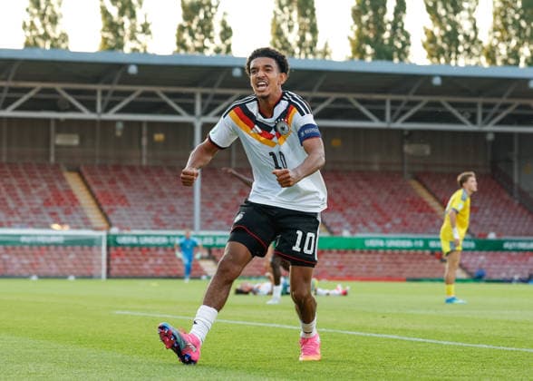 Wrexham, Wales, 8th July 2026. Francis Onyeka of Germany celebrates scoring their sides second goal during the Ukraine U19 vs Germany U19 UEFA European U19 Championship match at The Racecourse, Wrexham. Picture credit should read: Cody Froggatt Sportimage EDITORIAL USE ONLY. No use with unauthorised audio, video, data, fixture lists, club league logos or live services. Online in-match use limited to 120 images, no video emulation. No use in betting, games or single club league player publications. SPI_040_CF_UKRAINE_U19_V_GERMANY_U19 SPI-4857-0039
