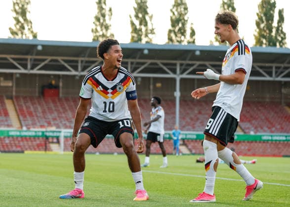 Wrexham, Wales, 8th July 2026. Francis Onyeka of Germany celebrates scoring their sides second goal during the Ukraine U19 vs Germany U19 UEFA European U19 Championship match at The Racecourse, Wrexham. Picture credit should read: Cody Froggatt Sportimage EDITORIAL USE ONLY. No use with unauthorised audio, video, data, fixture lists, club league logos or live services. Online in-match use limited to 120 images, no video emulation. No use in betting, games or single club league player publications. SPI_042_CF_UKRAINE_U19_V_GERMANY_U19 SPI-4857-0041