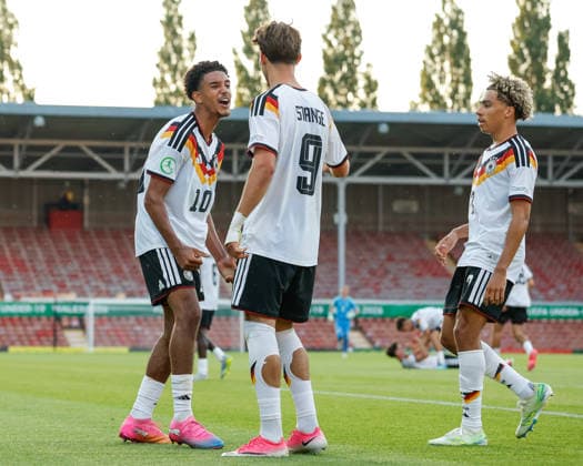 Wrexham, Wales, 8th July 2026. Francis Onyeka of Germany celebrates scoring their sides second goal during the Ukraine U19 vs Germany U19 UEFA European U19 Championship match at The Racecourse, Wrexham. Picture credit should read: Cody Froggatt Sportimage EDITORIAL USE ONLY. No use with unauthorised audio, video, data, fixture lists, club league logos or live services. Online in-match use limited to 120 images, no video emulation. No use in betting, games or single club league player publications. SPI_043_CF_UKRAINE_U19_V_GERMANY_U19 SPI-4857-0042