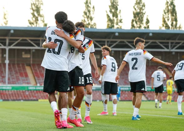 Wrexham, Wales, 8th July 2026. Francis Onyeka of Germany celebrates scoring their sides second goal during the Ukraine U19 vs Germany U19 UEFA European U19 Championship match at The Racecourse, Wrexham. Picture credit should read: Cody Froggatt Sportimage EDITORIAL USE ONLY. No use with unauthorised audio, video, data, fixture lists, club league logos or live services. Online in-match use limited to 120 images, no video emulation. No use in betting, games or single club league player publications. SPI_045_CF_UKRAINE_U19_V_GERMANY_U19 SPI-4857-0044