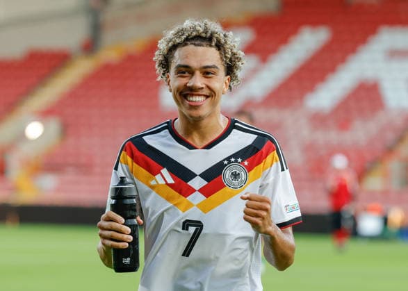 Wrexham, Wales, 8th July 2026. Montrell Culbreath of Germany celebrates the full time result as Germany qualify for the UEFA European U19 Championship final following the Ukraine U19 vs Germany U19 UEFA European U19 Championship match at The Racecourse, Wrexham. Picture credit should read: Cody Froggatt Sportimage EDITORIAL USE ONLY. No use with unauthorised audio, video, data, fixture lists, club league logos or live services. Online in-match use limited to 120 images, no video emulation. No use in betting, games or single club league player publications. SPI_053_CF_UKRAINE_U19_V_GERMANY_U19 SPI-4857-0052