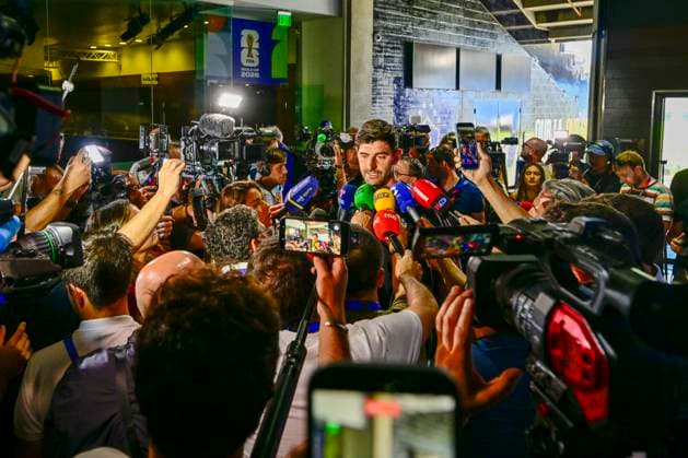 Belgian national football team - FIFA World Cup, WM, Weltmeisterschaft, Fussball 2026 - media activities 08 07 2026 LOS ANGELES, UNITED STATES OF AMERICA - JULY 08 : Courtois Thibaut goalkeeper of Belgium pictured during a press conference, PK, Pressekonferenz of the Belgian national football team during the FIFA World Cup 2026 on July 8, 2026 in Los Angeles, United States of America, 08 07 2026 Los Angeles United States of America  Copyright: xJanxDexMeuleneirx