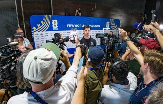 Belgium s goalkeeper Thibaut Courtois pictured during a press conference, PK, Pressekonferenz of Belgian national soccer team Red Devils, on Wednesday 08 July 2026 in Carson, Los Angeles County, California, USA. The Rode Duivels - Diables Rouges qualified for the knockout stage of the 2026 FIFA World Cup, WM, Weltmeisterschaft, Fussball where they ll meet Spain in the round of 8 on July 10th. BRUNOxFAHY  x180744219x