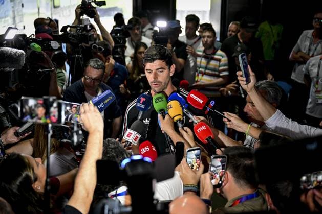 Belgium s goalkeeper Thibaut Courtois pictured during a press conference, PK, Pressekonferenz of Belgian national soccer team Red Devils, on Wednesday 08 July 2026 in Carson, Los Angeles County, California, USA. The Rode Duivels - Diables Rouges qualified for the knockout stage of the 2026 FIFA World Cup, WM, Weltmeisterschaft, Fussball where they ll meet Spain in the round of 8 on July 10th. DIRKxWAEM  x180744220x