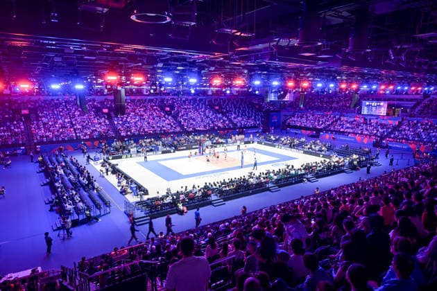HONG KONG, CHINA - JULY 08: A general view shows the match between China and Canada during day one of the FIVB Women s Volleyball Nations League Hong Kong 2026 at Kai Tak Sports Park on July 8, 2026 in Hong Kong, China. China lost to Canada 3-2 in the match.  Copyright: xChinaxNewsxServicex 111653154684