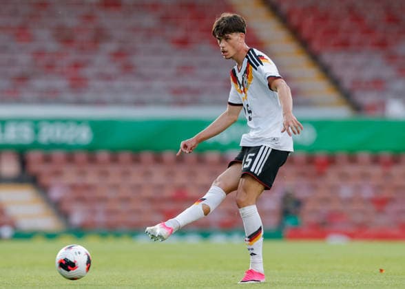 Wrexham, Wales, 8th July 2026. Luca Erlein of Germany passes the ball during the Ukraine U19 vs Germany U19 UEFA European U19 Championship match at The Racecourse, Wrexham. Picture credit should read: Cody Froggatt Sportimage EDITORIAL USE ONLY. No use with unauthorised audio, video, data, fixture lists, club league logos or live services. Online in-match use limited to 120 images, no video emulation. No use in betting, games or single club league player publications. SPI_172_CF_UKRAINE_U19_V_GERMANY_U19 SPI-4857-0171