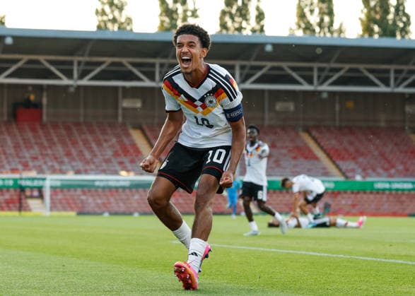 Wrexham, Wales, 8th July 2026. Francis Onyeka of Germany celebrates scoring their sides second goal during the Ukraine U19 vs Germany U19 UEFA European U19 Championship match at The Racecourse, Wrexham. Picture credit should read: Cody Froggatt Sportimage EDITORIAL USE ONLY. No use with unauthorised audio, video, data, fixture lists, club league logos or live services. Online in-match use limited to 120 images, no video emulation. No use in betting, games or single club league player publications. SPI_179_CF_UKRAINE_U19_V_GERMANY_U19 SPI-4857-0178
