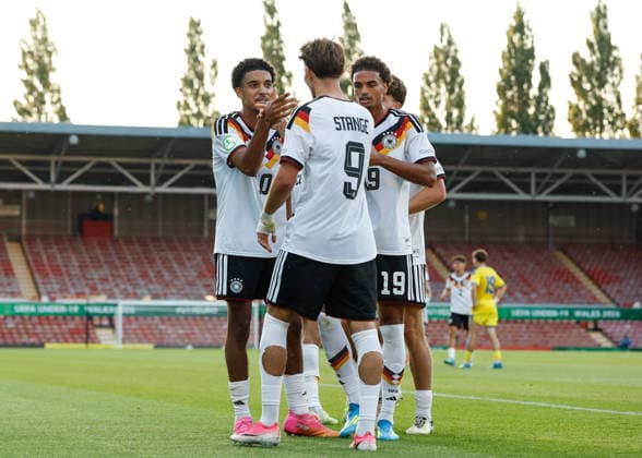 Wrexham, Wales, 8th July 2026. Francis Onyeka of Germany celebrates scoring their sides second goal during the Ukraine U19 vs Germany U19 UEFA European U19 Championship match at The Racecourse, Wrexham. Picture credit should read: Cody Froggatt Sportimage EDITORIAL USE ONLY. No use with unauthorised audio, video, data, fixture lists, club league logos or live services. Online in-match use limited to 120 images, no video emulation. No use in betting, games or single club league player publications. SPI_180_CF_UKRAINE_U19_V_GERMANY_U19 SPI-4857-0179