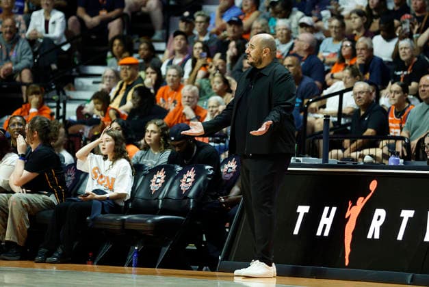 UNCASVILLE, CT - JULY 08: Rachid Meziane of the Connecticut Sun reacts during the WNBA, Basketball Damen, USA game between Minnesota Lynx and Connecticut Sun on July 8, 2026, at Mohegan Sun Arena in Uncasville, CT. (Photo by M. Anthony Nesmith Icon Sportswire) WNBA: JUL 08 Minnesota Lynx at Connecticut Sun EDITORIAL USE ONLY Icon26070827