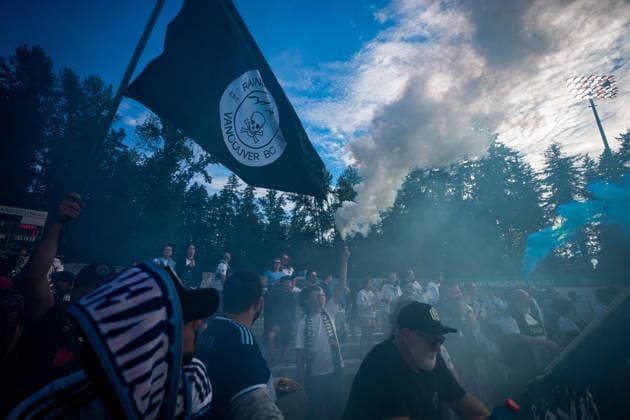 July 8, 2026, Burnaby, Bc, CANADA: Fans hold smoke bombs and wave flags before the Vancouver Whitecaps and Cavalry FC play a Canadian Championship quarterfinal soccer match, in Burnaby, B.C., on Wednesday, July 8, 2026. Canada News - July 8, 2026  - ZUMAc35_ 20260708_zaf_c35_099 Copyright: xDarrylxDyckx