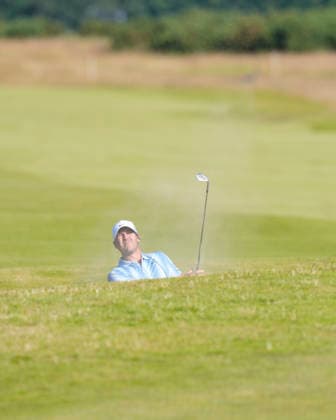NORTH BERWICK, SCOTLAND - JULY 9: Brooks Koepka plays from a bunker on the 12th fairway during Round 1 of the Genesis Scottish Open at the Renaissance Club, North Berwick on July 9, 2026 in North Berwick, Scotland Genesis Scottish Open Round 1