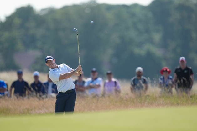 NORTH BERWICK, SCOTLAND - JULY 9: Rory McIlroy chips to the 14th green during Round 1 of the Genesis Scottish Open at the Renaissance Club, North Berwick on July 9, 2026 in North Berwick, Scotland Genesis Scottish Open Round 1
