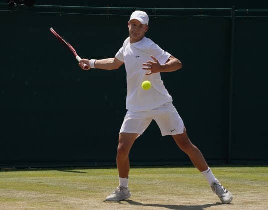 Tennis - 2026 Wimbledon Championships - Day Eleven (Week Two) - All England Lawn Tennis & Croquet Club, London - Thursday 8th July 2026 Court 12 : Boys Singles Quarter Final : Oliver Page (GBR) v Thijs Boogaard (NED) Oliver Page (GBR) COLORSPORT ANDREW COWIE 