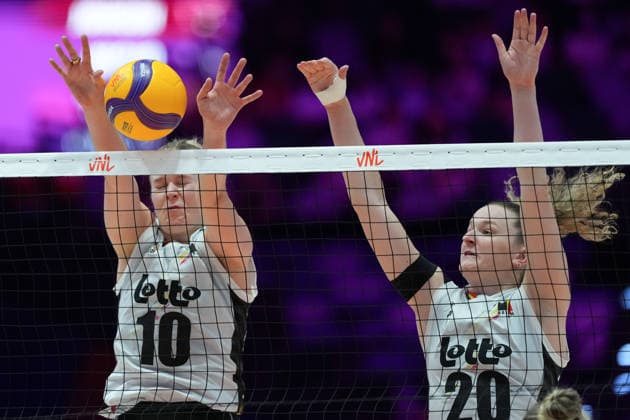 RECORD DATE NOT STATED Volleyball Nations League Hong Kong 2026 - Day 2 Pauline Martin (No.10) and Britt Fransen (No.20) from team Belgium during the match between Canada and Belgium at Volleyball Nations League Hong Kong 2026 on July 9, 2026 in Hong Kong. (Photo by Ellan Mad Nexpher Images) Hong Kong