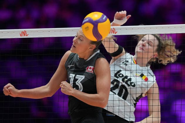 RECORD DATE NOT STATED Volleyball Nations League Hong Kong 2026 - Day 2 Brie Fransen (No.13) from team Canada and Britt Fransen (No.20) from team Belgium during the match between Canada and Belgium at Volleyball Nations League Hong Kong 2026 on July 9, 2026 in Hong Kong. (Photo by Ellan Mad Nexpher Images) Hong Kong